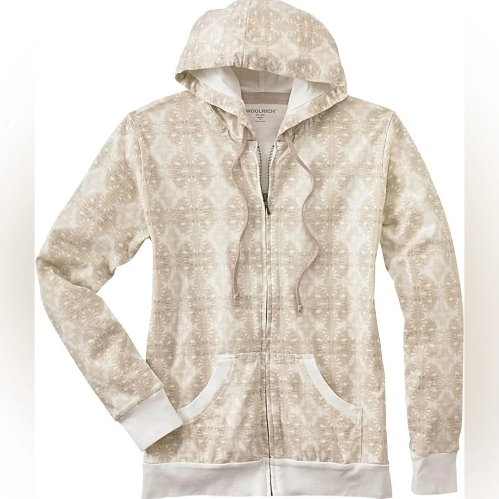 Woolrich Rohana Zip Hoodie Coral White Geometric Print Cotton Xs